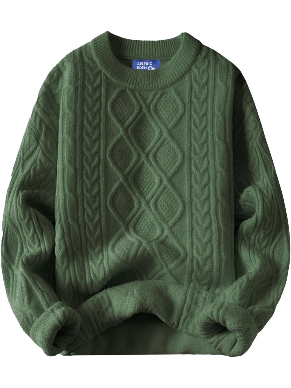 Women Light Green Crewneck Pullover Long Sleeve Vintage Cable Oversized Sweater